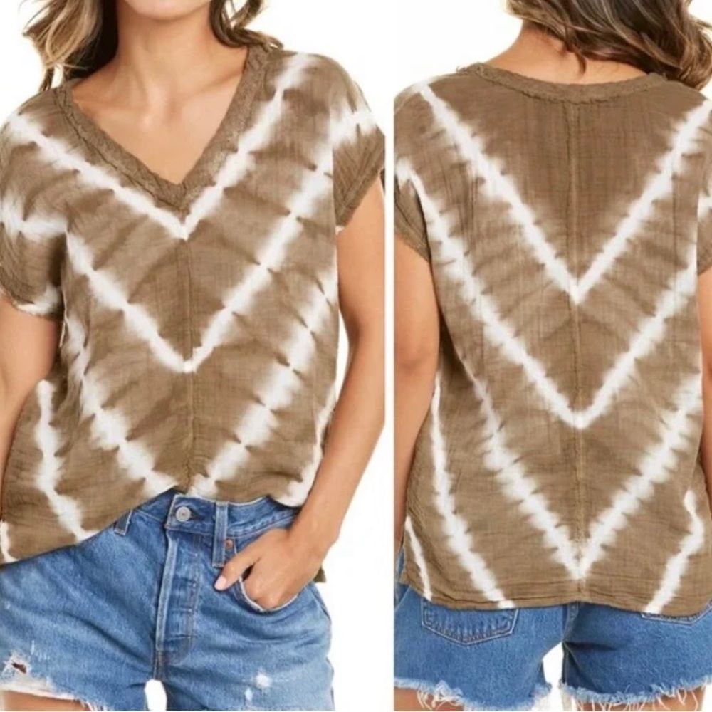 Michael Stars Blue Boho Tie Dye Gauzy Cotton Draya  V-Neck Shirt